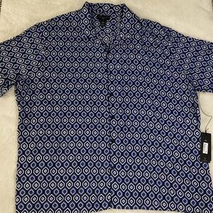Shaquille O’Neal Men's Blue Geometric Pattern Button Up Short-sleeve Shirt 4XL